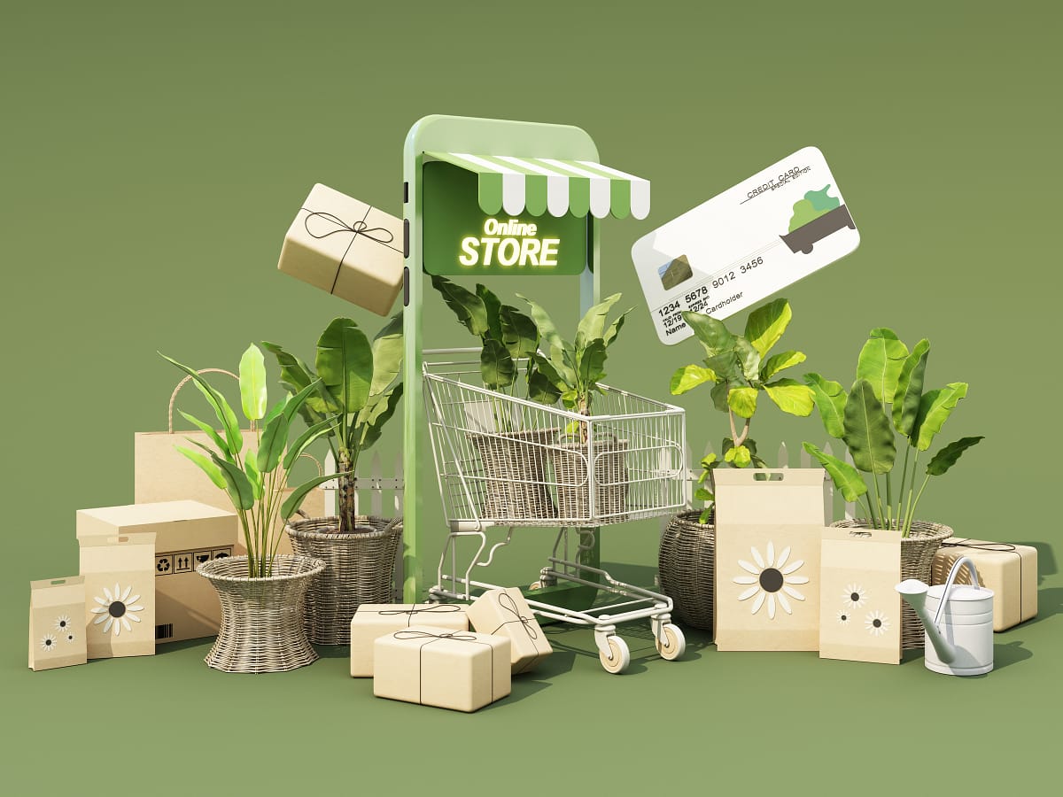 Einkaufswagen mit Paketen und Pflanzen