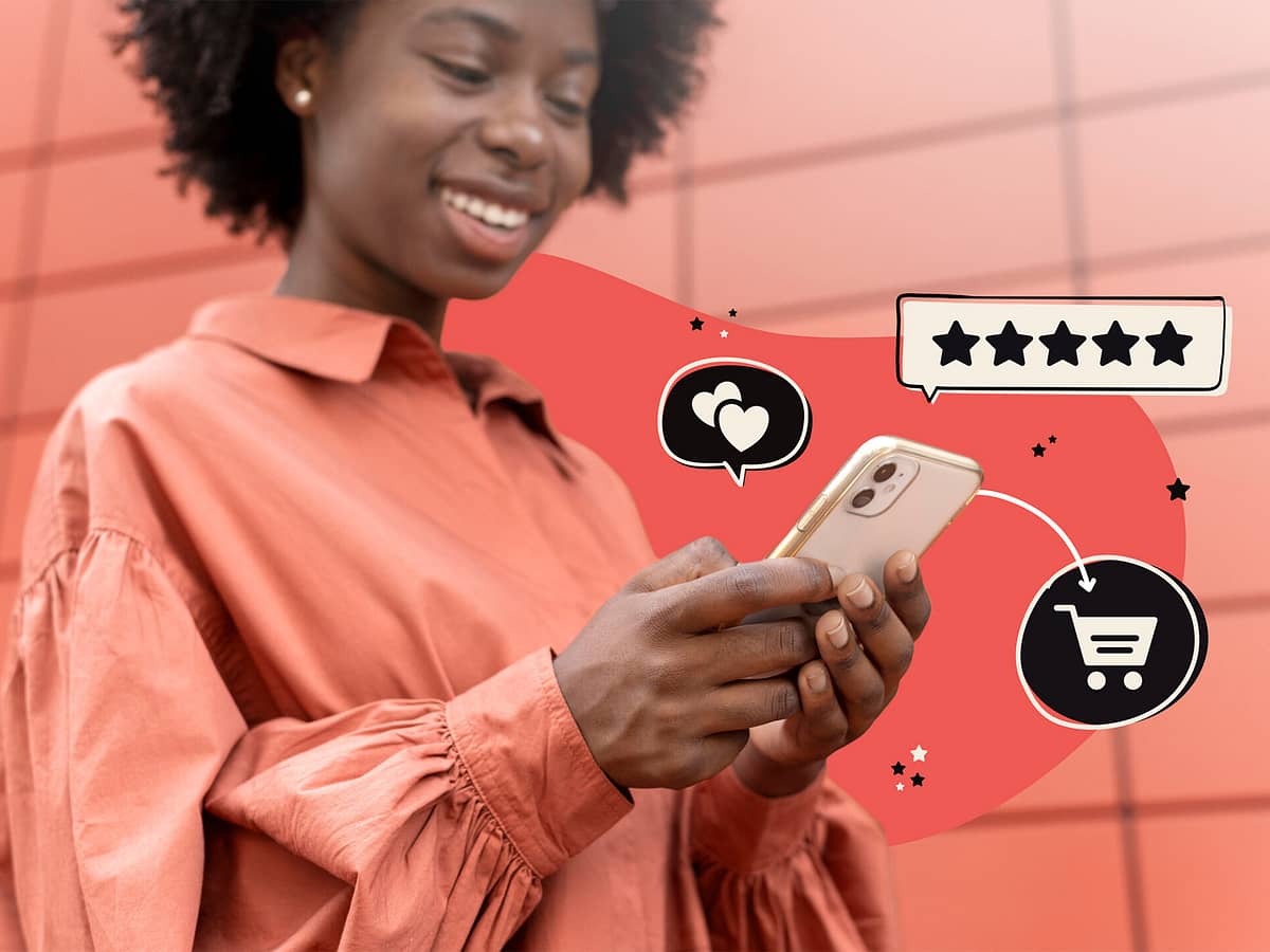Coverbild des Whitepapers "Gefunden, gebunden – Wie sich Loyalty-Programme für Unternehmen auszahlen". Eine lächelnde, junge Frau mit Smartphone in der Hand umgeben von verschiedenen Loyalty-Icons