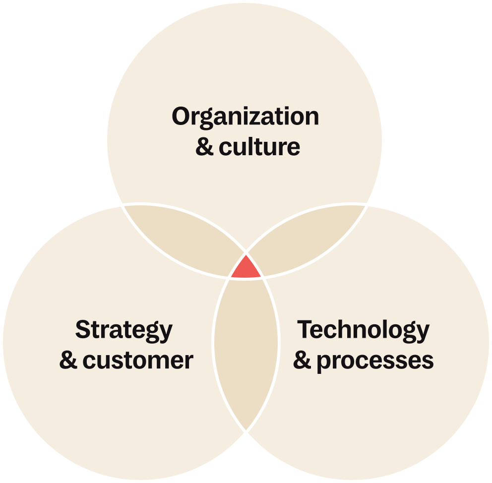 Venn diagram for organizational design consisting of: Organization & culture, stategy & customer and technology & processes